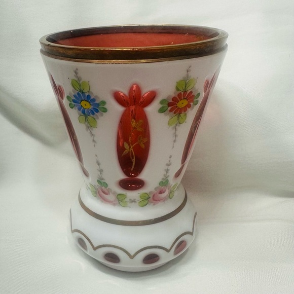 VTG Bohemian Czech Cut to Cranberry Flash Glass Vase Hand Painted Floral MCM - Picture 3 of 4